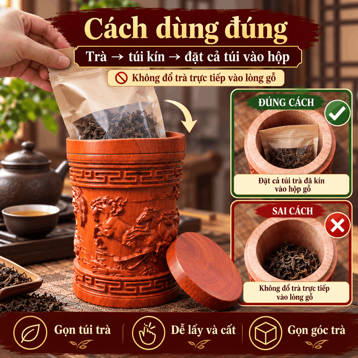 Hộp đựng trà Bát Mã Truy Phong bằng gỗ Hương
