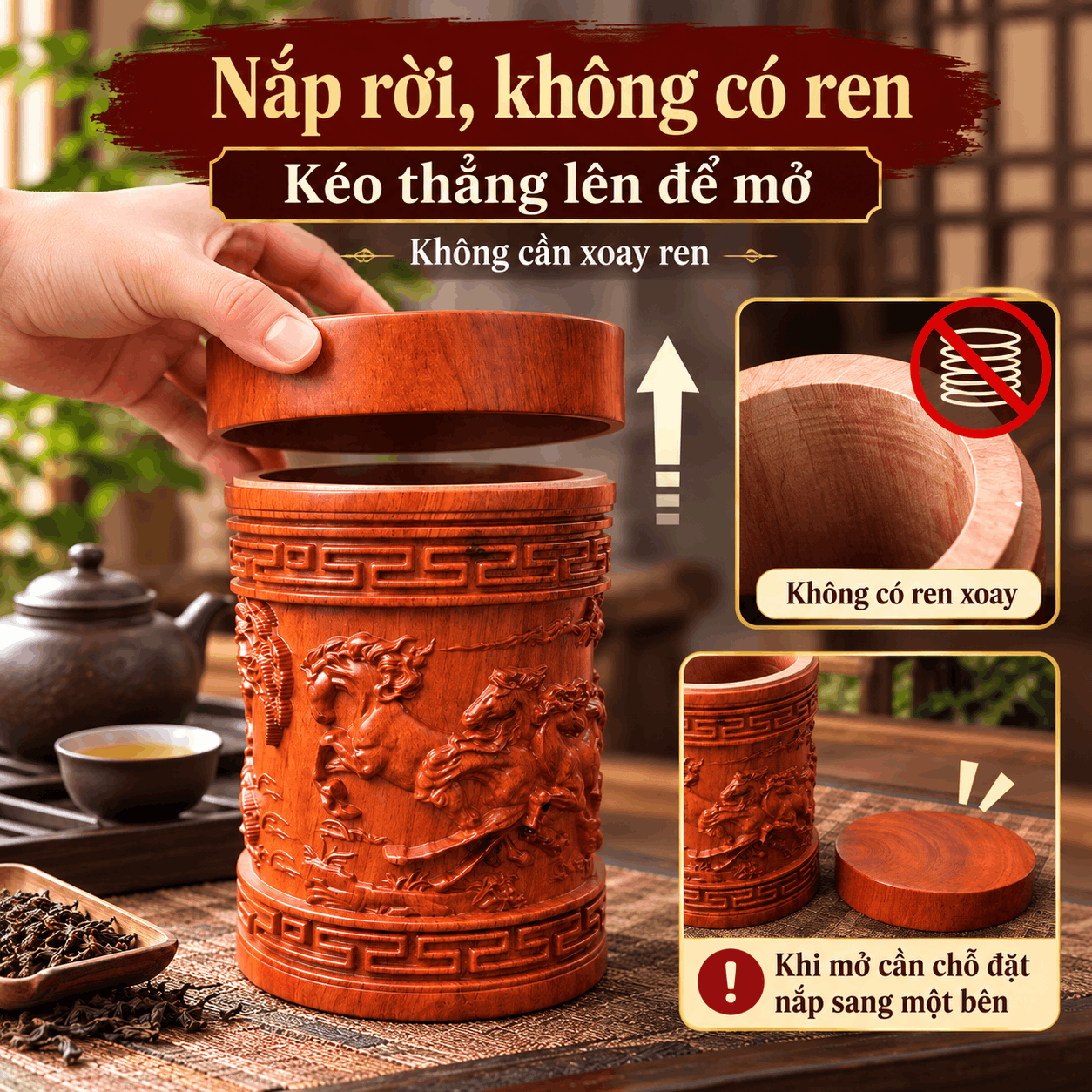 Hộp đựng trà Bát Mã Truy Phong bằng gỗ Hương
