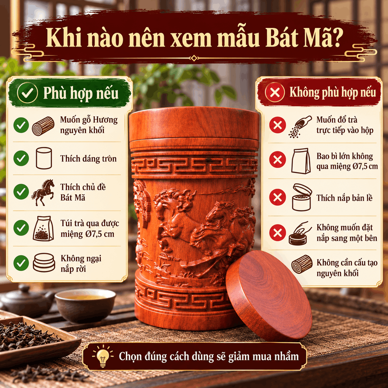 Hộp đựng trà Bát Mã Truy Phong bằng gỗ Hương