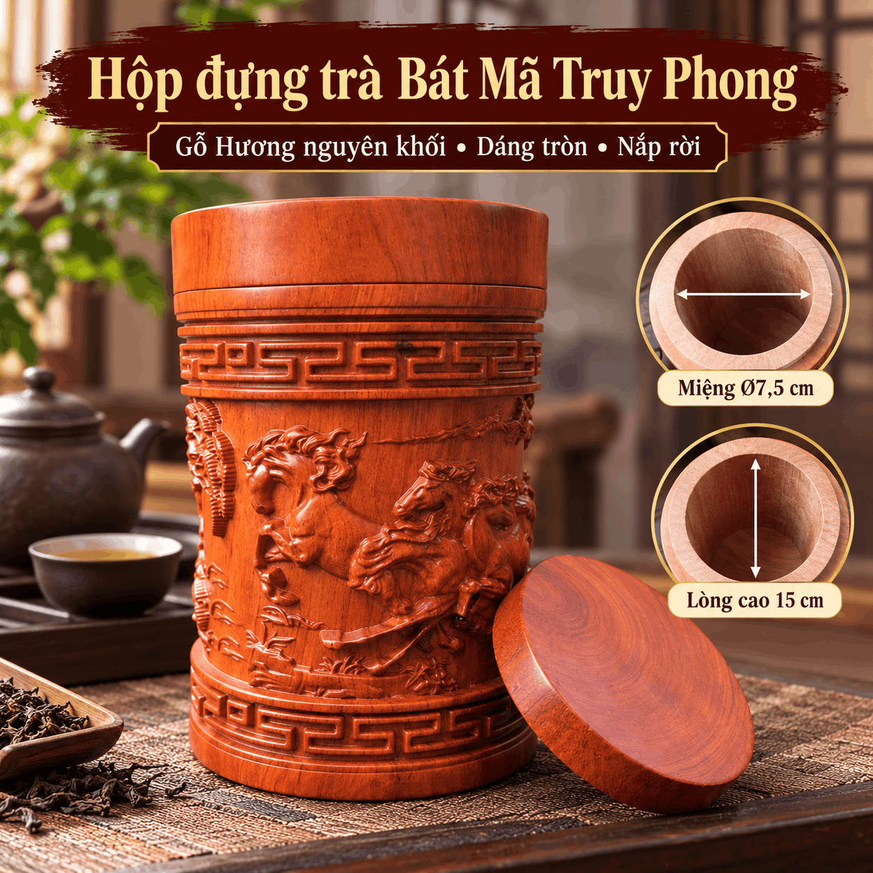 Hộp đựng trà Bát Mã Truy Phong bằng gỗ Hương