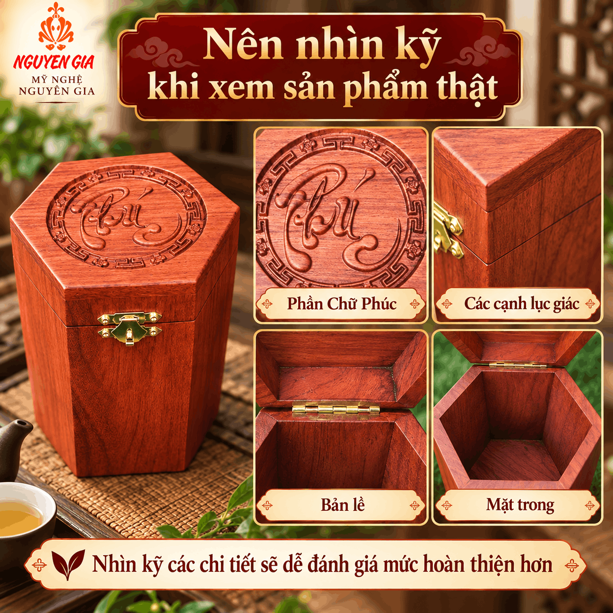 Hộp đựng trà chữ Phúc bằng gỗ Hương