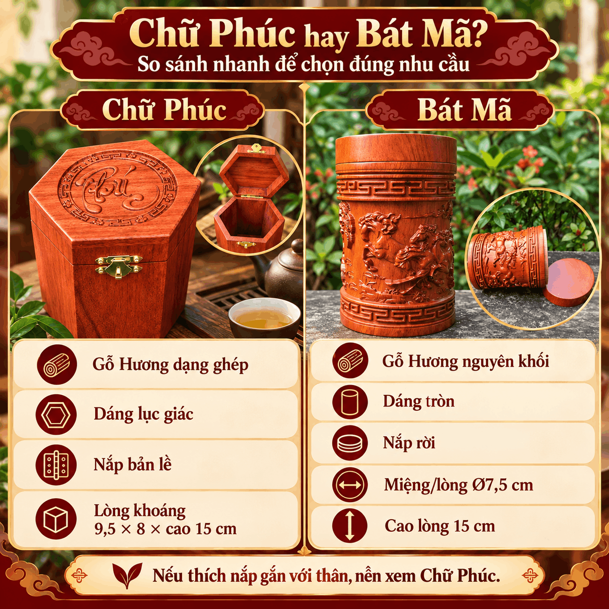 Hộp đựng trà chữ Phúc bằng gỗ Hương