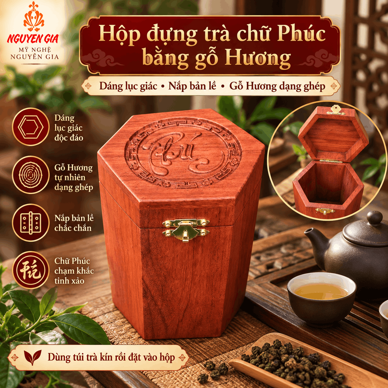 Hộp đựng trà chữ Phúc bằng gỗ Hương