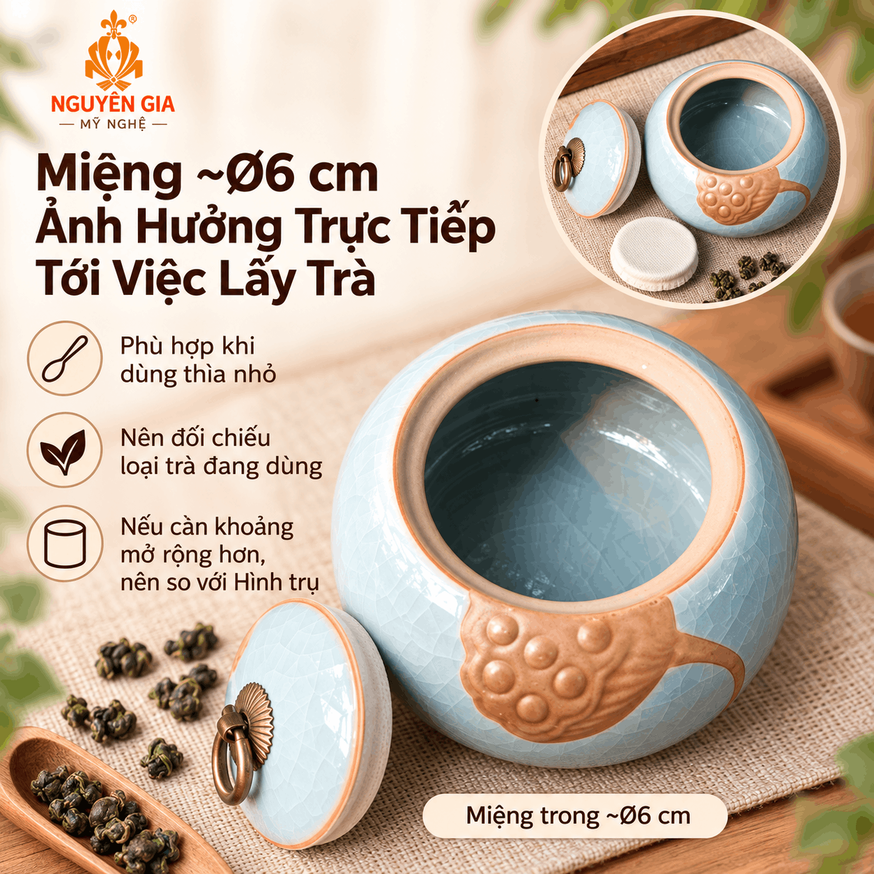 Hũ đựng trà gốm men rạn Đài Sen xanh dương