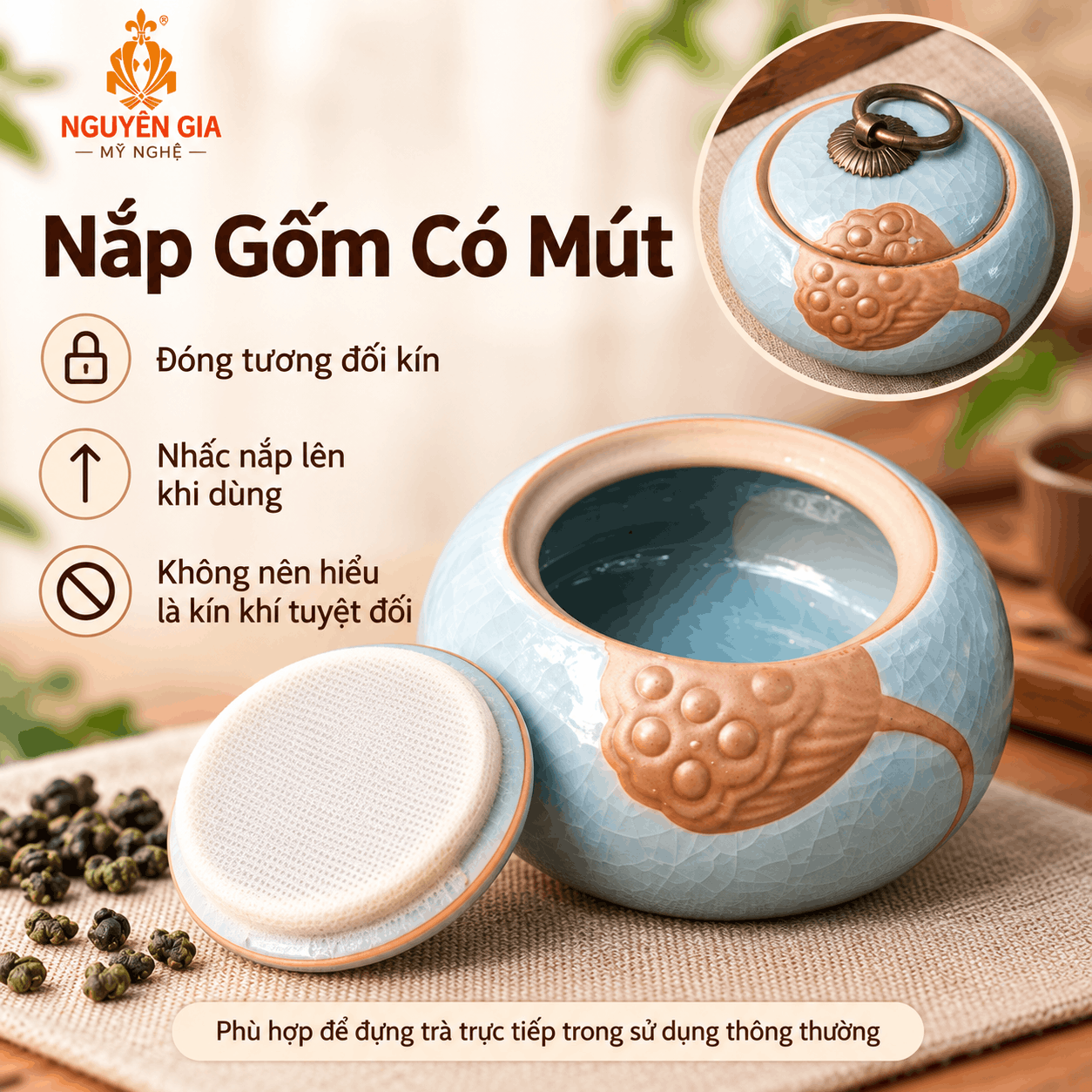 Hũ đựng trà gốm men rạn Đài Sen xanh dương