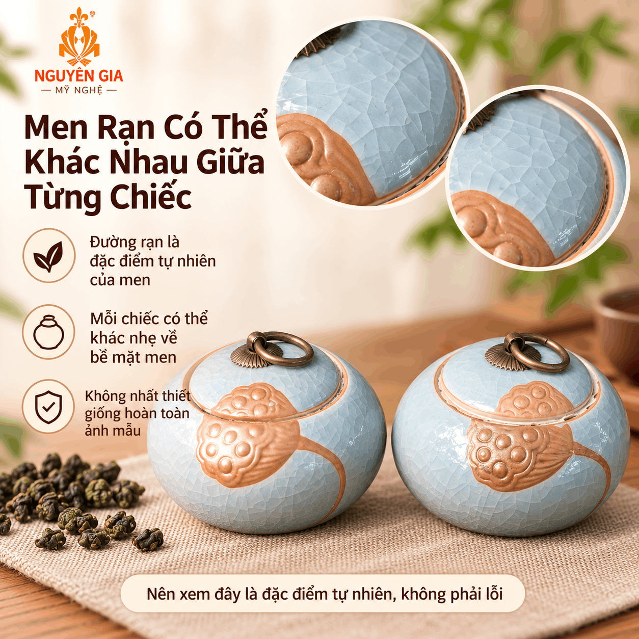 Hũ đựng trà gốm men rạn Đài Sen xanh dương