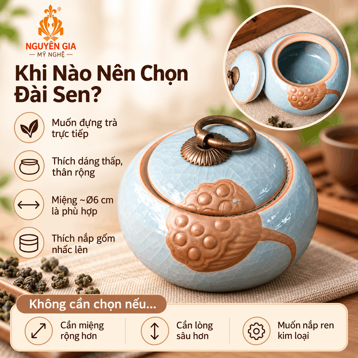 Hũ đựng trà gốm men rạn Đài Sen xanh dương