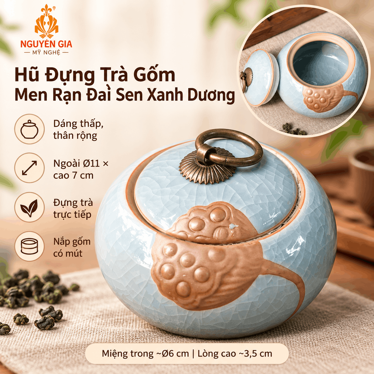 Hũ đựng trà gốm men rạn Đài Sen xanh dương