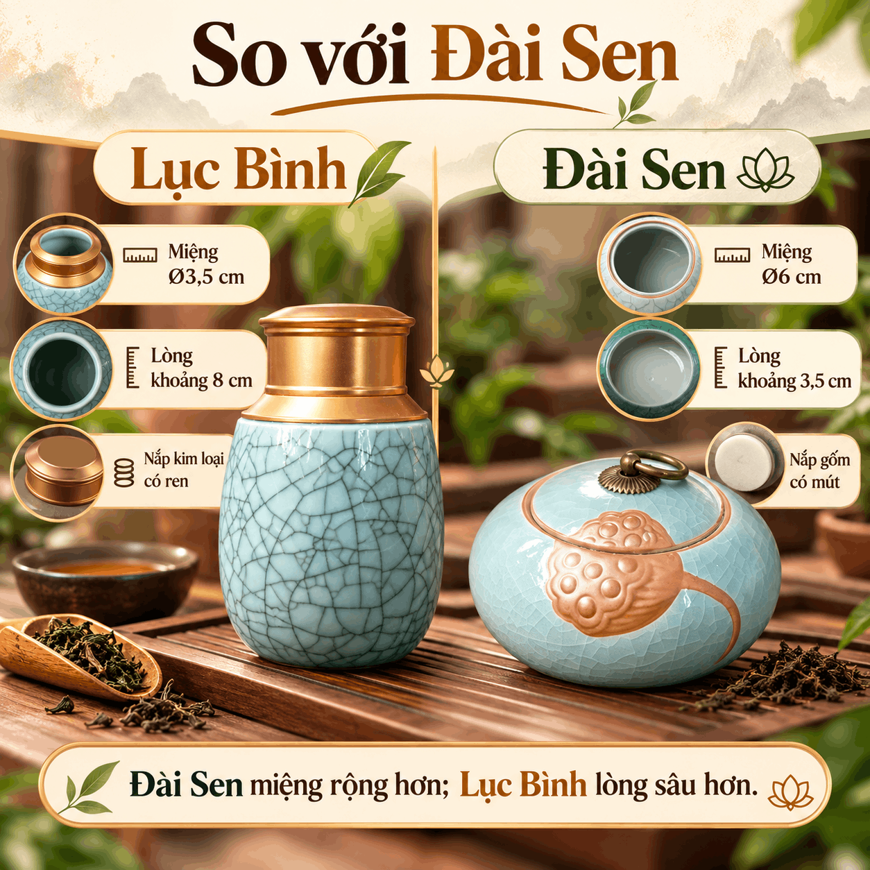 Hũ đựng trà gốm men rạn Lục Bình xanh dương