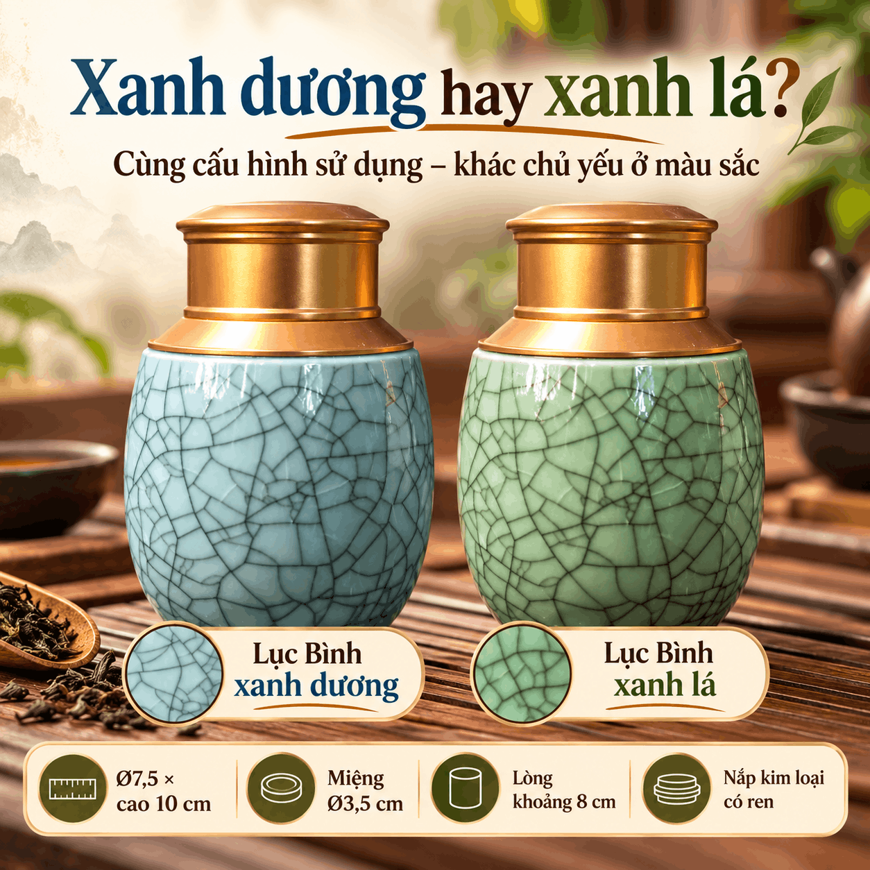 Hũ đựng trà gốm men rạn Lục Bình xanh dương