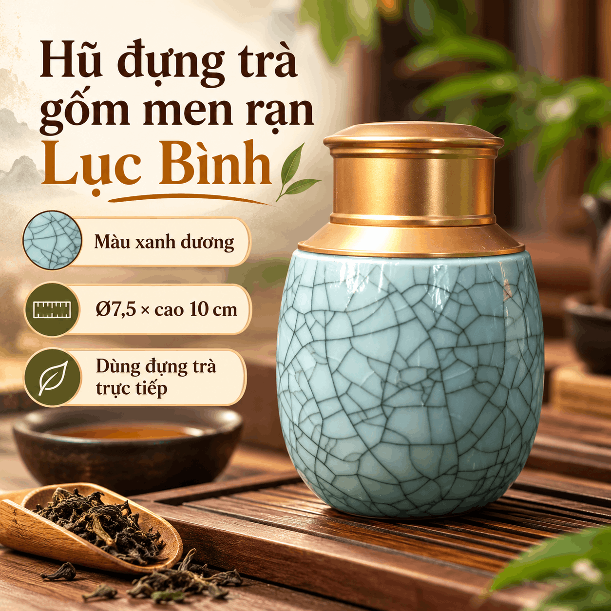 Hũ đựng trà gốm men rạn Lục Bình xanh dương