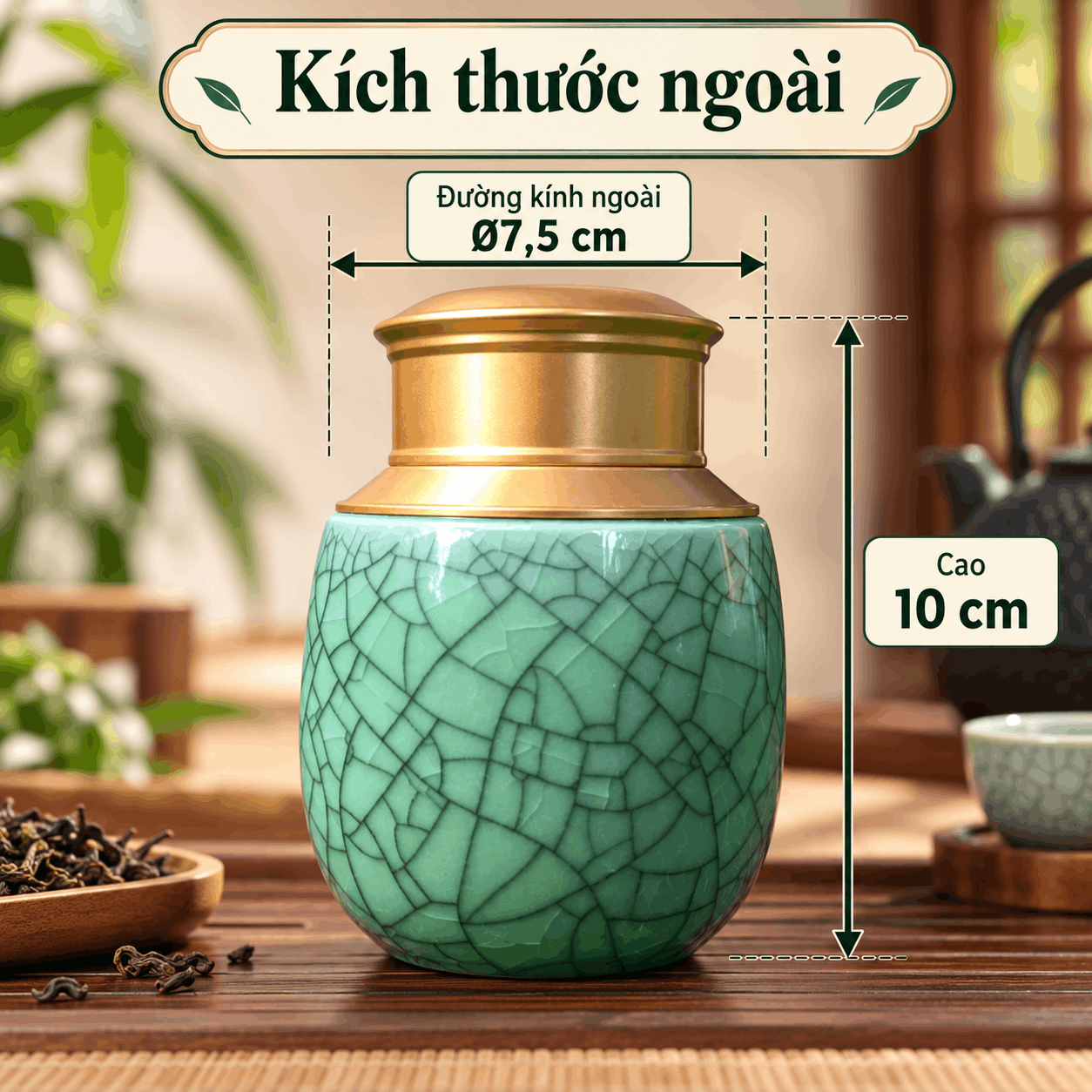 Hũ đựng trà gốm men rạn Lục Bình xanh lá