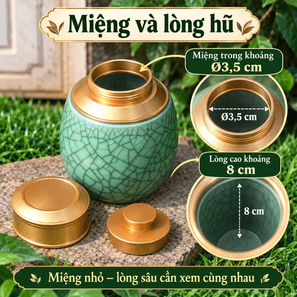 Hũ đựng trà gốm men rạn Lục Bình xanh lá