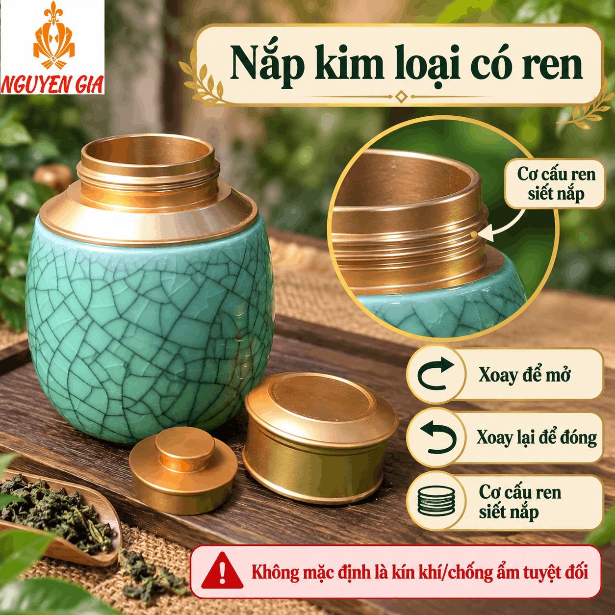 Hũ đựng trà gốm men rạn Lục Bình xanh lá