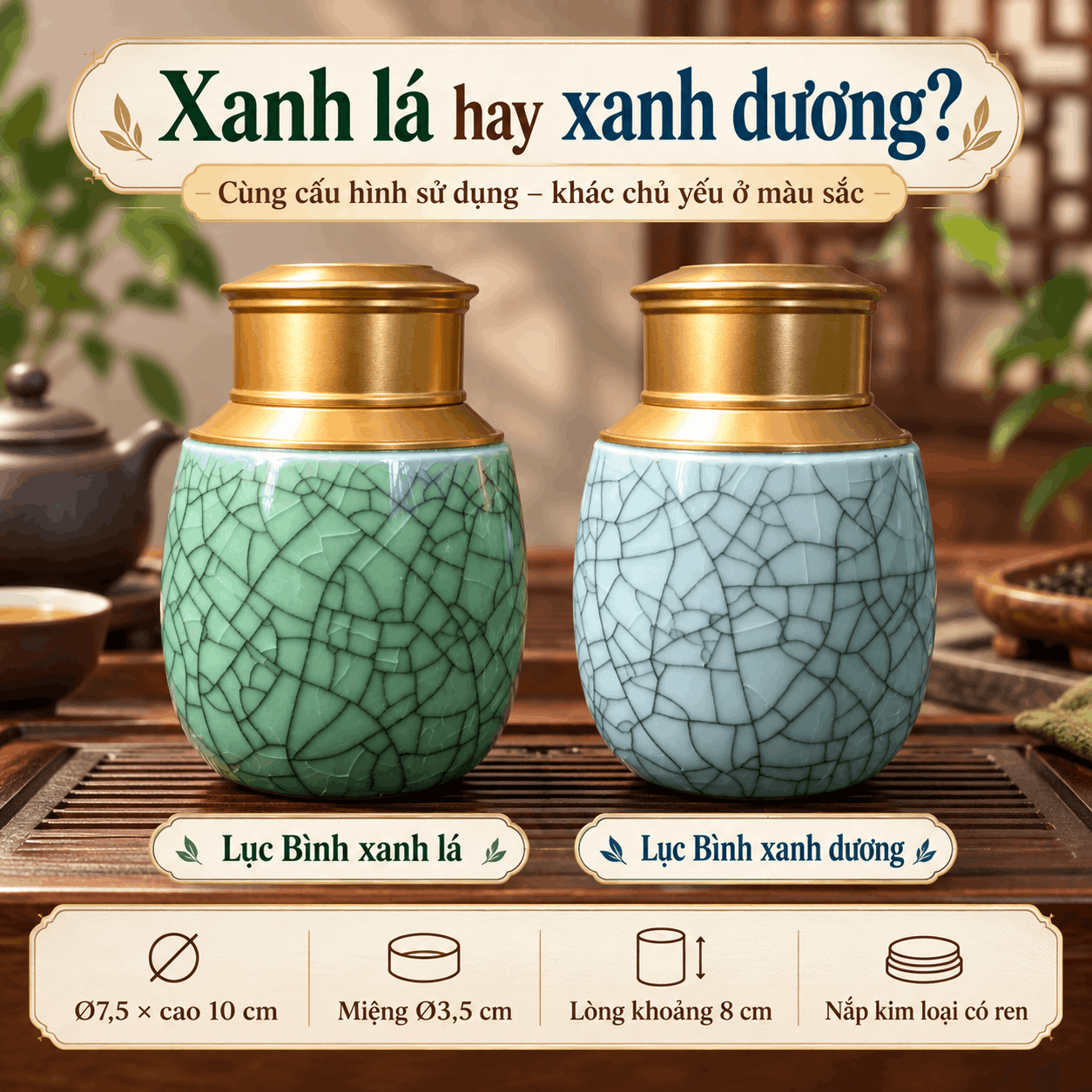 Hũ đựng trà gốm men rạn Lục Bình xanh lá