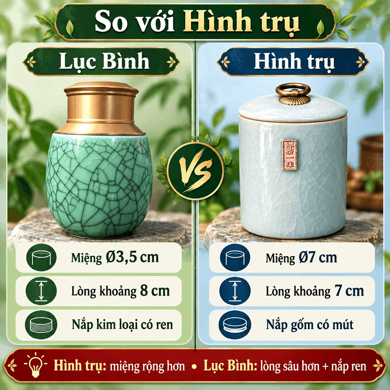 Hũ đựng trà gốm men rạn Lục Bình xanh lá
