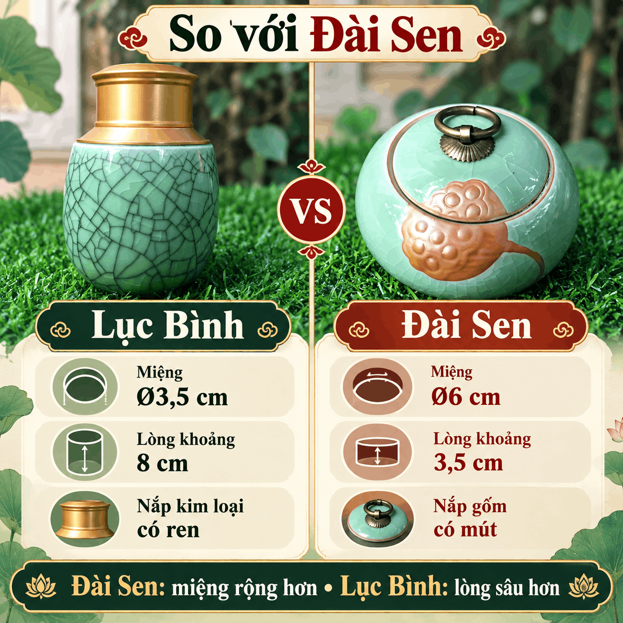 Hũ đựng trà gốm men rạn Lục Bình xanh lá