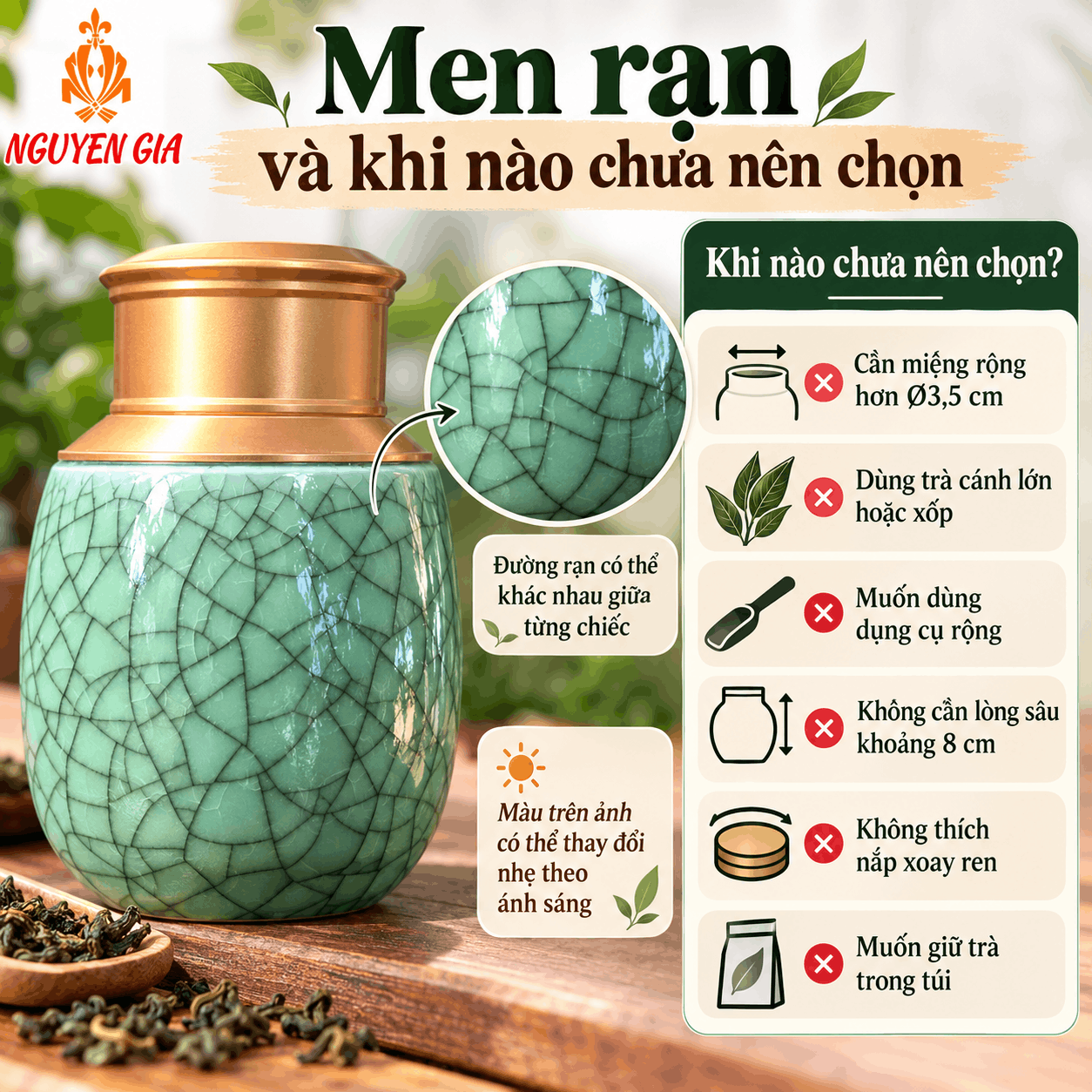 Hũ đựng trà gốm men rạn Lục Bình xanh lá