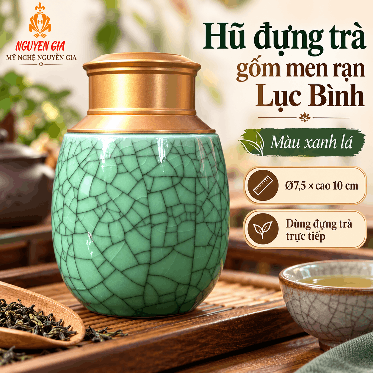 Hũ đựng trà gốm men rạn Lục Bình xanh lá