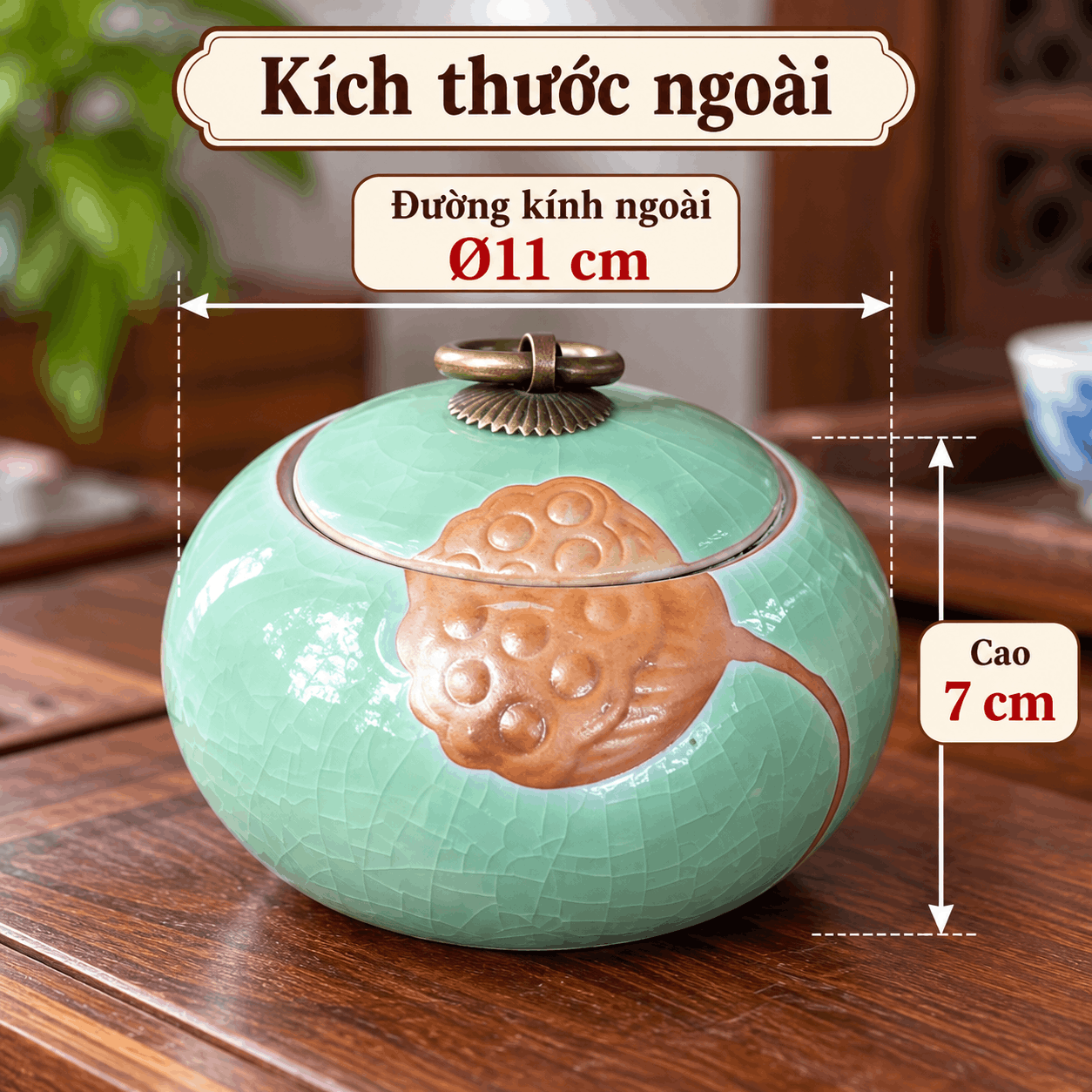 Hũ đựng trà gốm men rạn Đài Sen xanh lá