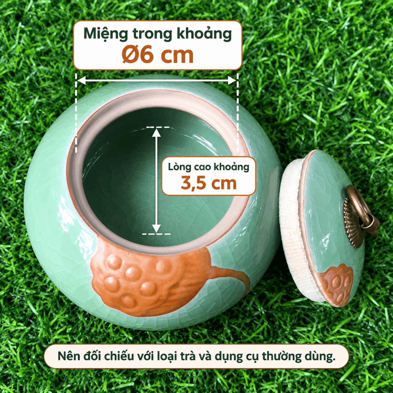 Hũ đựng trà gốm men rạn Đài Sen xanh lá