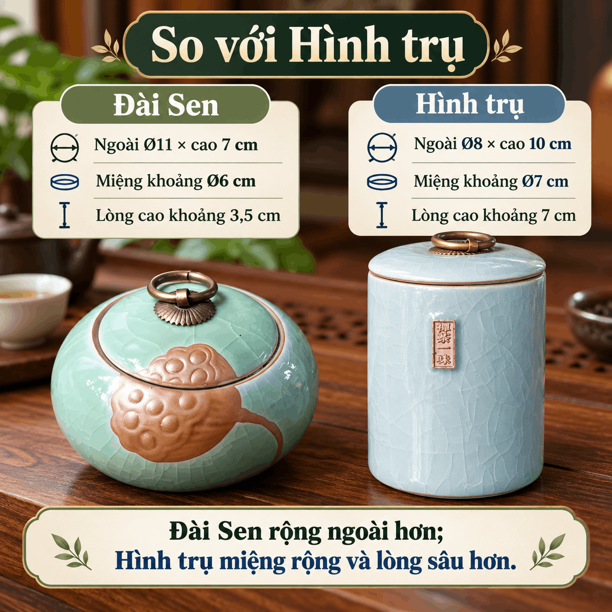 Hũ đựng trà gốm men rạn Đài Sen xanh lá
