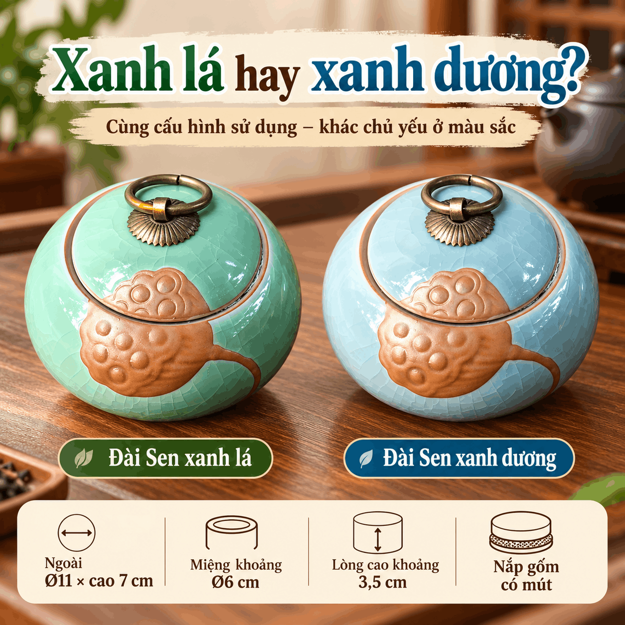 Hũ đựng trà gốm men rạn Đài Sen xanh lá