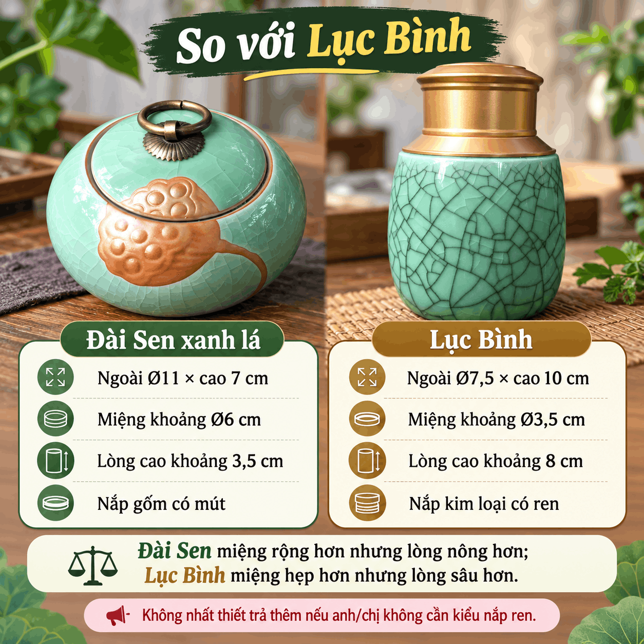 Hũ đựng trà gốm men rạn Đài Sen xanh lá