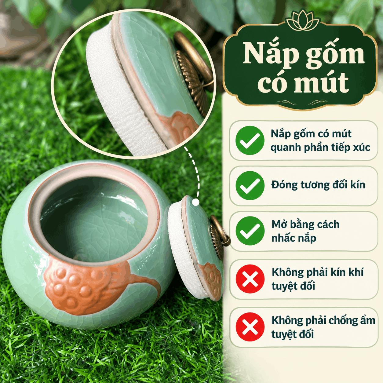 Hũ đựng trà gốm men rạn Đài Sen xanh lá