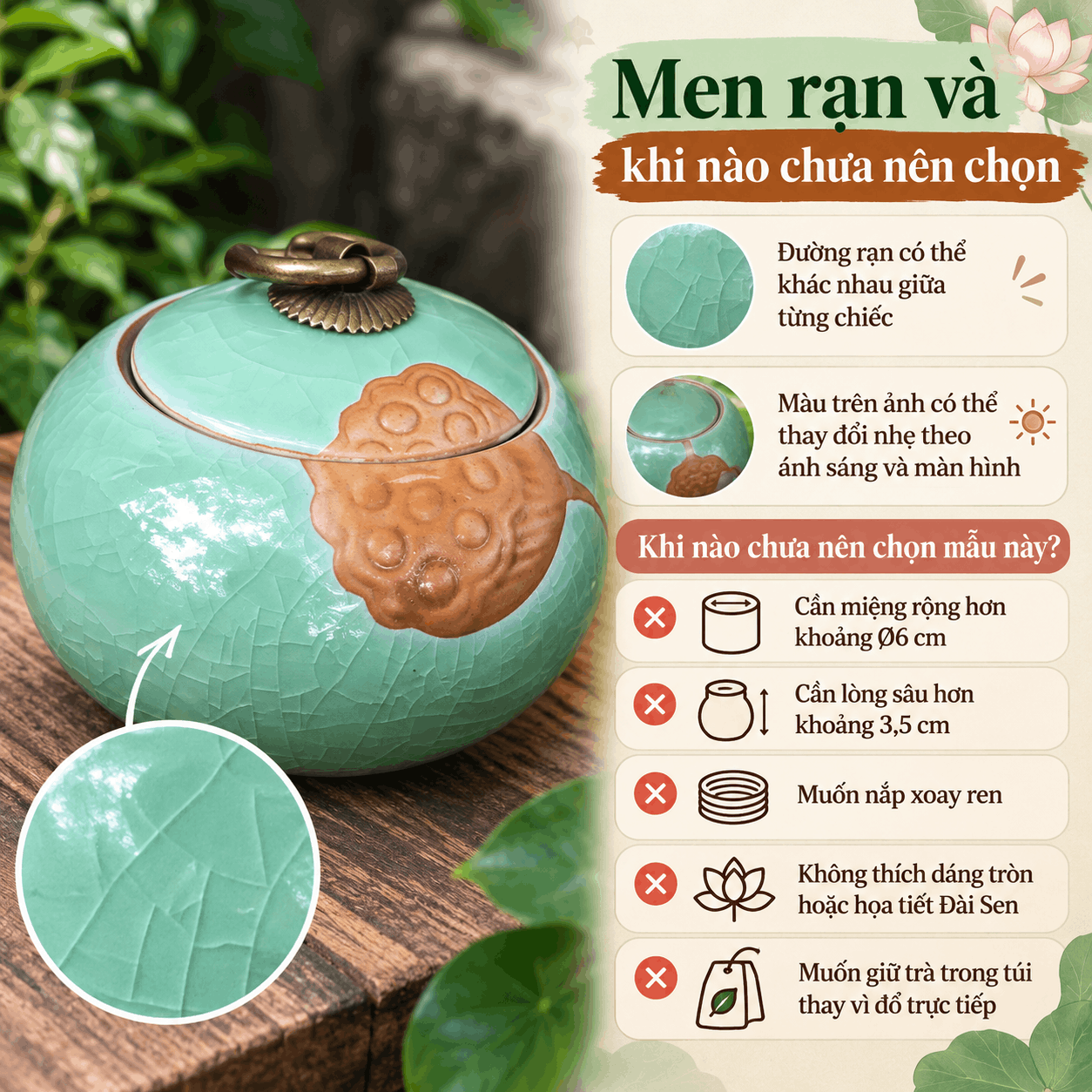 Hũ đựng trà gốm men rạn Đài Sen xanh lá