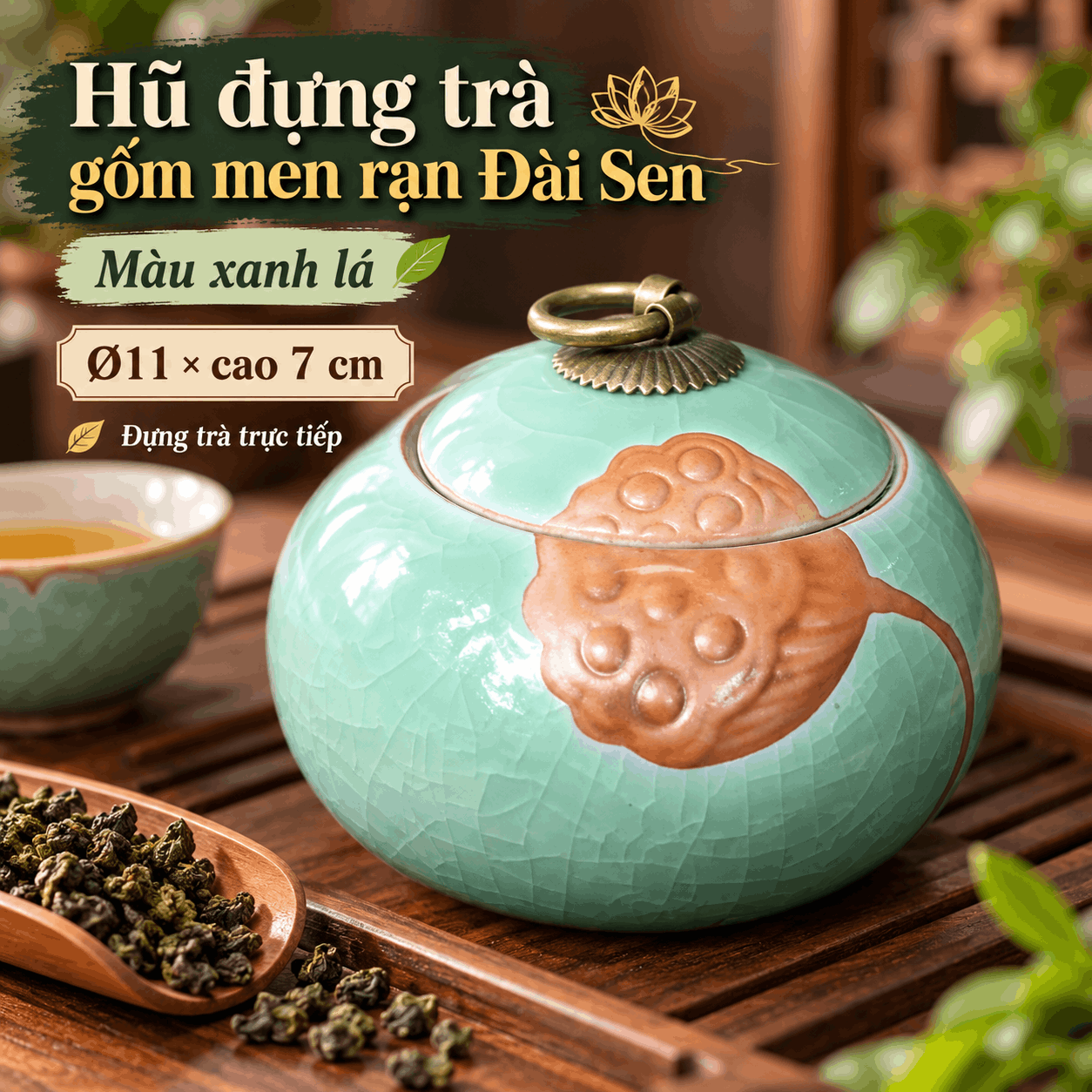 Hũ đựng trà gốm men rạn Đài Sen xanh lá