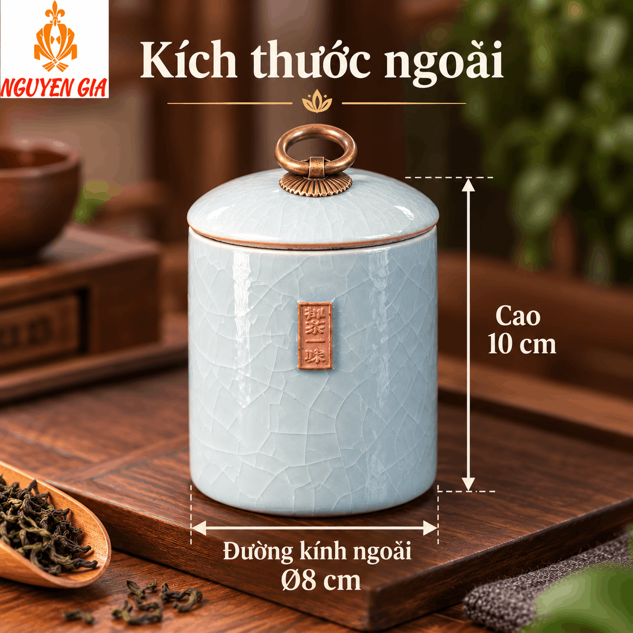 Hộp đựng trà bằng gốm sứ men rạn hình trụ xanh dương