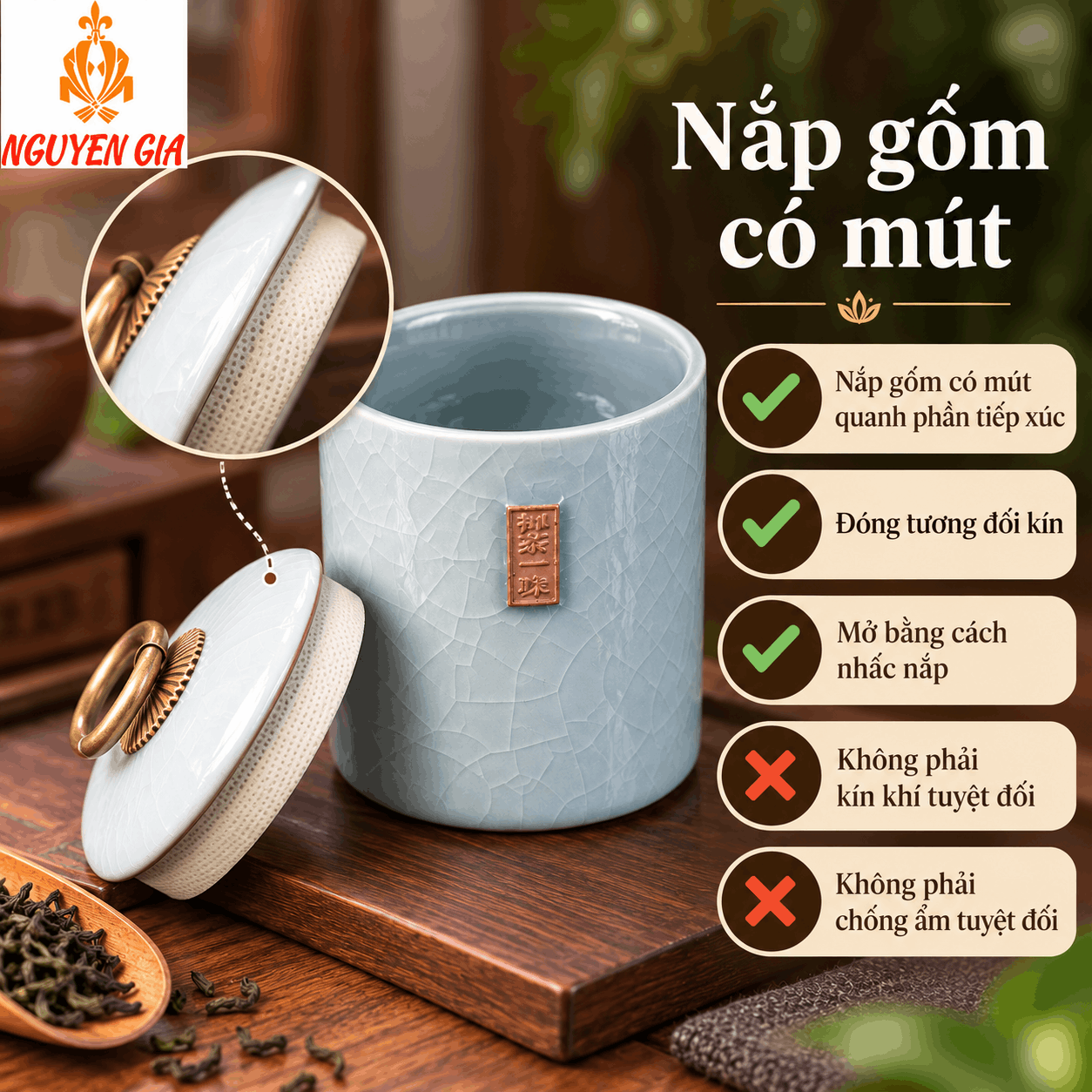 Hộp đựng trà bằng gốm sứ men rạn hình trụ xanh dương