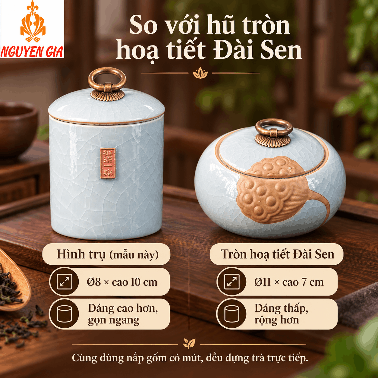 Hộp đựng trà bằng gốm sứ men rạn hình trụ xanh dương