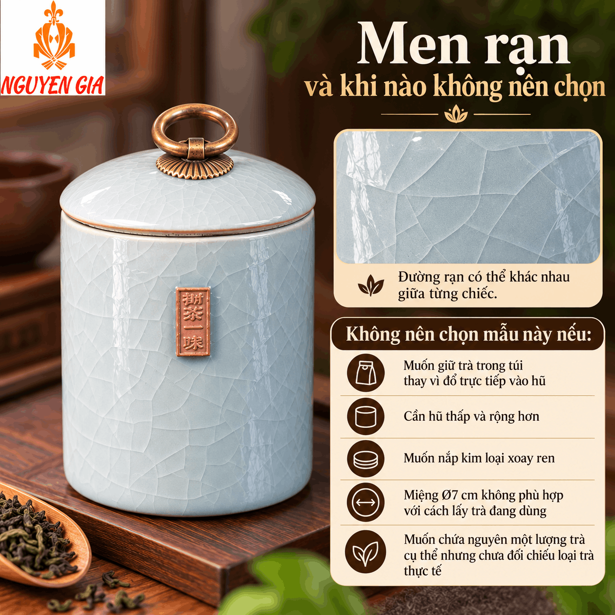 Hộp đựng trà bằng gốm sứ men rạn hình trụ xanh dương