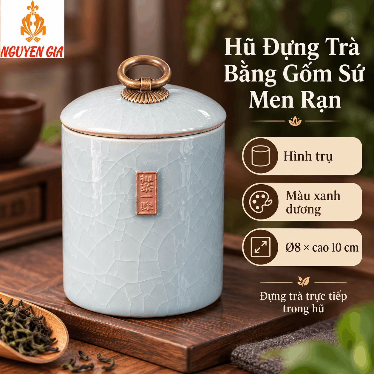 Hộp đựng trà bằng gốm sứ men rạn hình trụ xanh dương