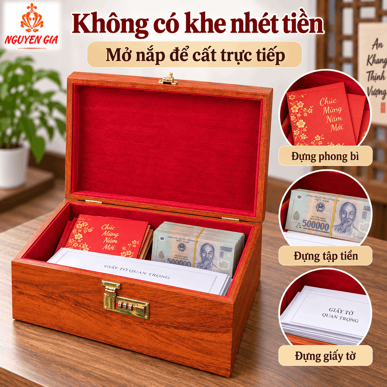Hòm Đựng Tiền Gỗ Hương Có Khóa Số – Cỡ Lớn Đựng Phong Bì, Giấy Tờ