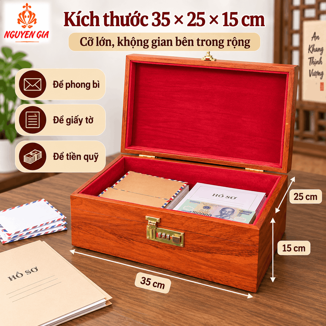 Hòm Đựng Tiền Gỗ Hương Có Khóa Số – Cỡ Lớn Đựng Phong Bì, Giấy Tờ
