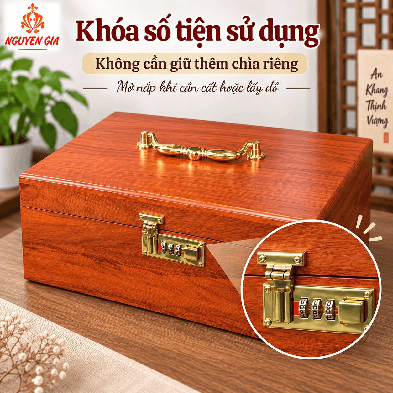 Hòm Đựng Tiền Gỗ Hương Có Khóa Số – Cỡ Lớn Đựng Phong Bì, Giấy Tờ