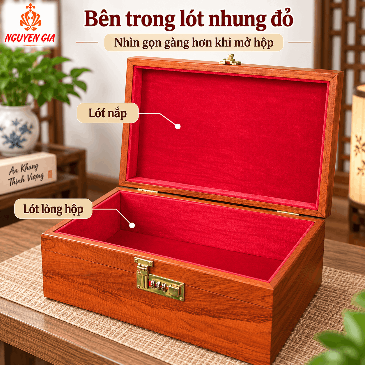 Hòm Đựng Tiền Gỗ Hương Có Khóa Số – Cỡ Lớn Đựng Phong Bì, Giấy Tờ