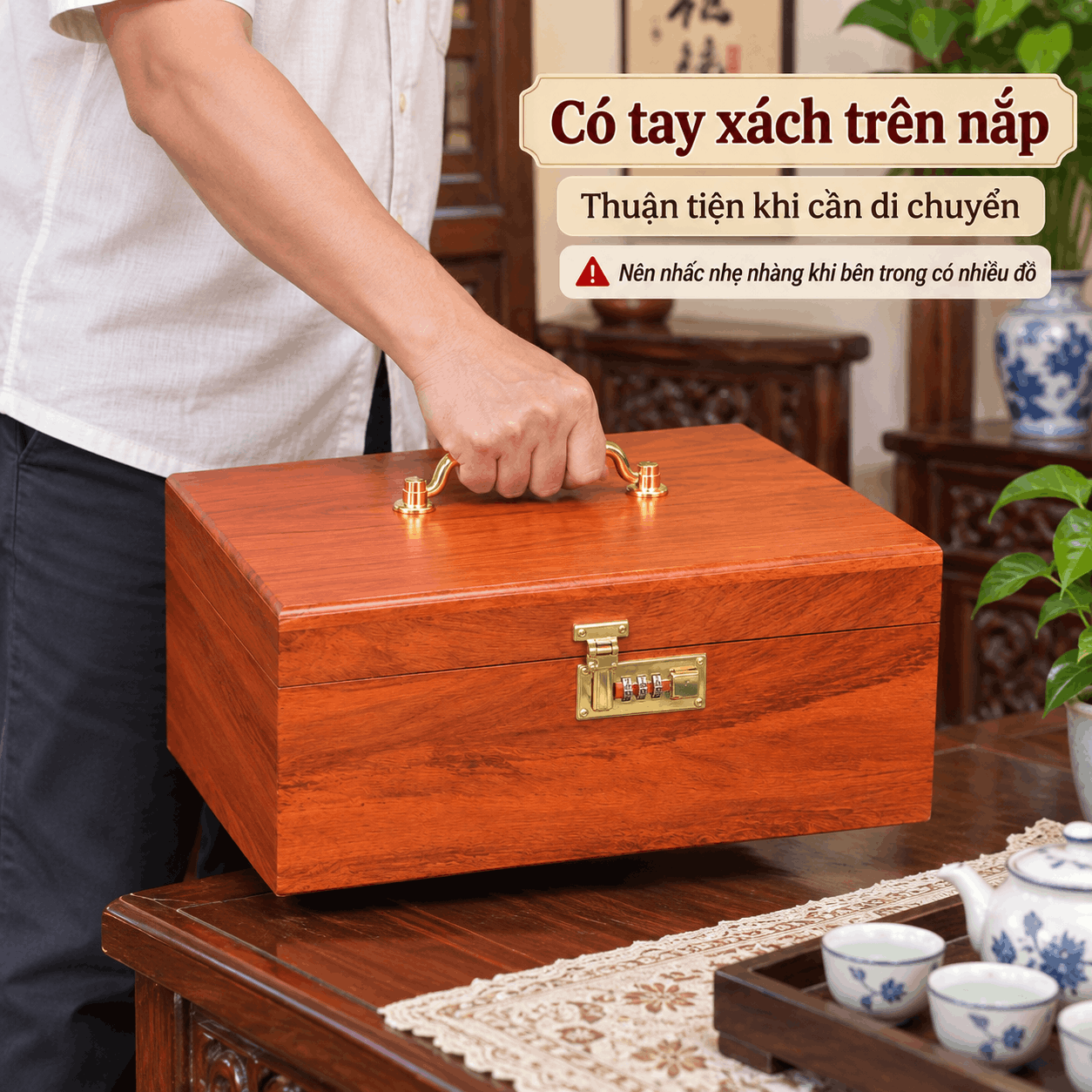 Hòm Đựng Tiền Gỗ Hương Có Khóa Số – Cỡ Lớn Đựng Phong Bì, Giấy Tờ