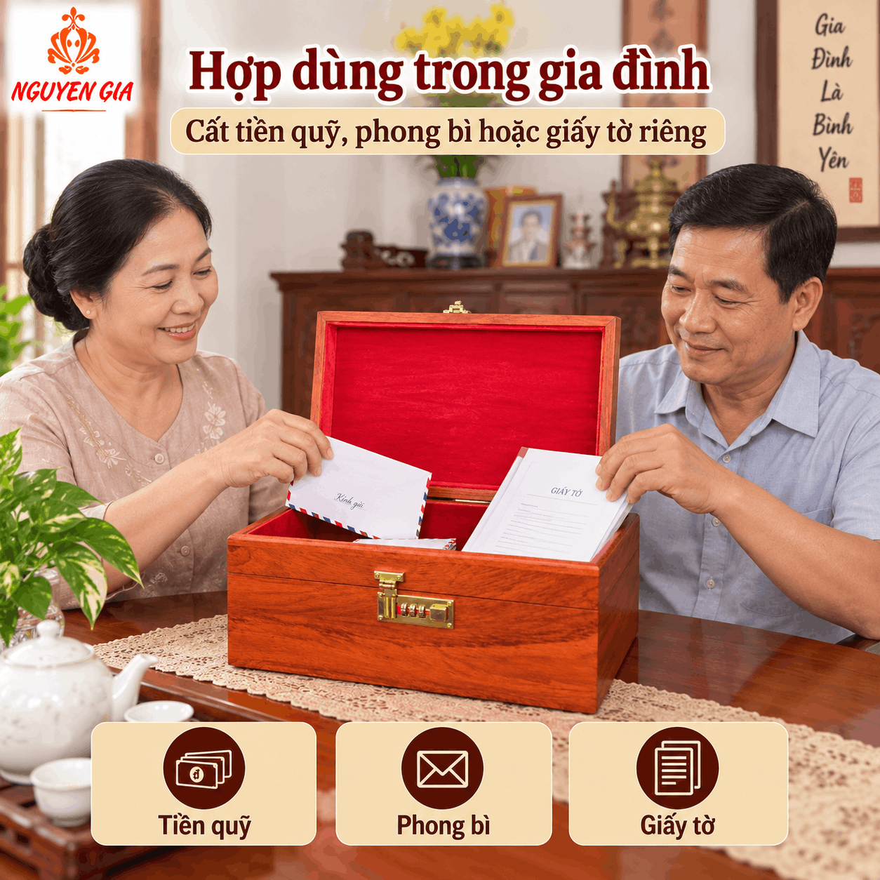 Hòm Đựng Tiền Gỗ Hương Có Khóa Số – Cỡ Lớn Đựng Phong Bì, Giấy Tờ