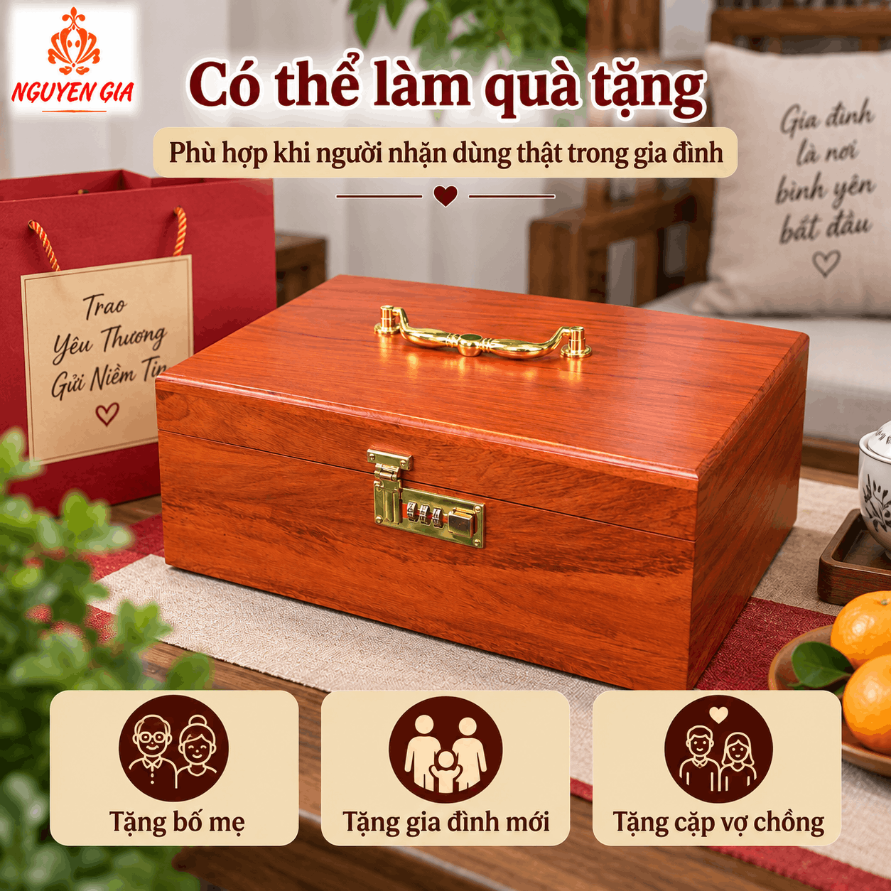 Hòm Đựng Tiền Gỗ Hương Có Khóa Số – Cỡ Lớn Đựng Phong Bì, Giấy Tờ