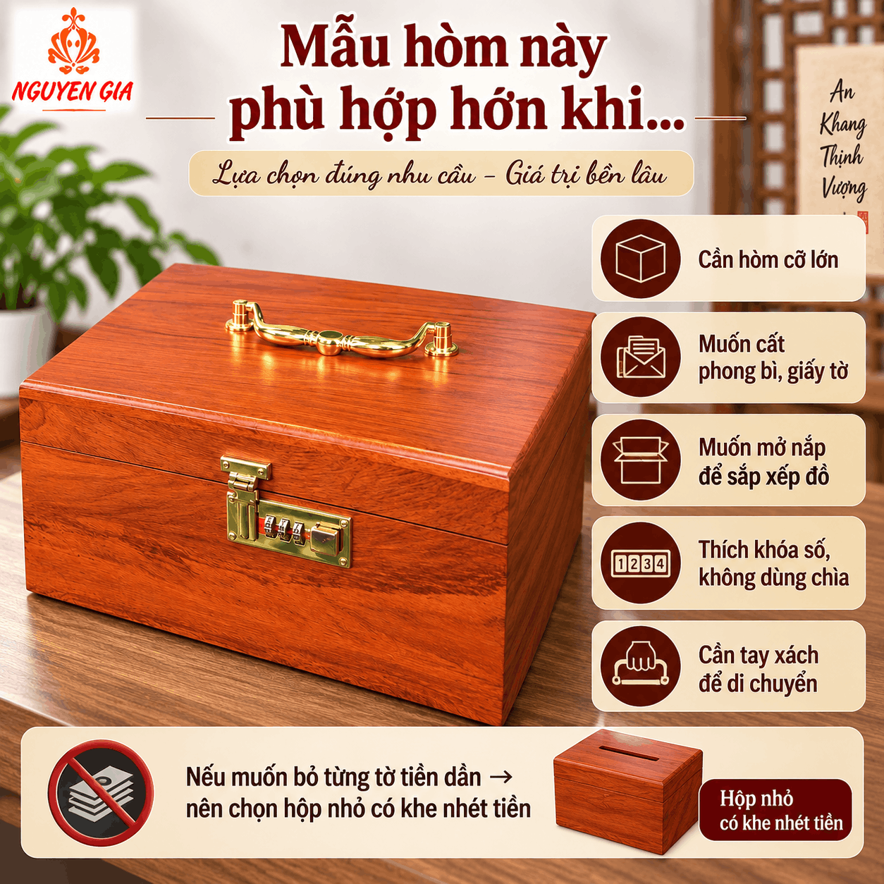 Hòm Đựng Tiền Gỗ Hương Có Khóa Số – Cỡ Lớn Đựng Phong Bì, Giấy Tờ
