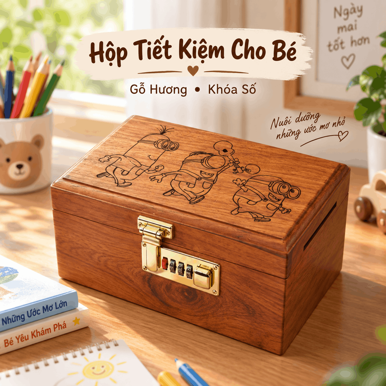 Hộp Tiết Kiệm Cho Bé Mẫu Minions – Gỗ Hương, Khóa Số