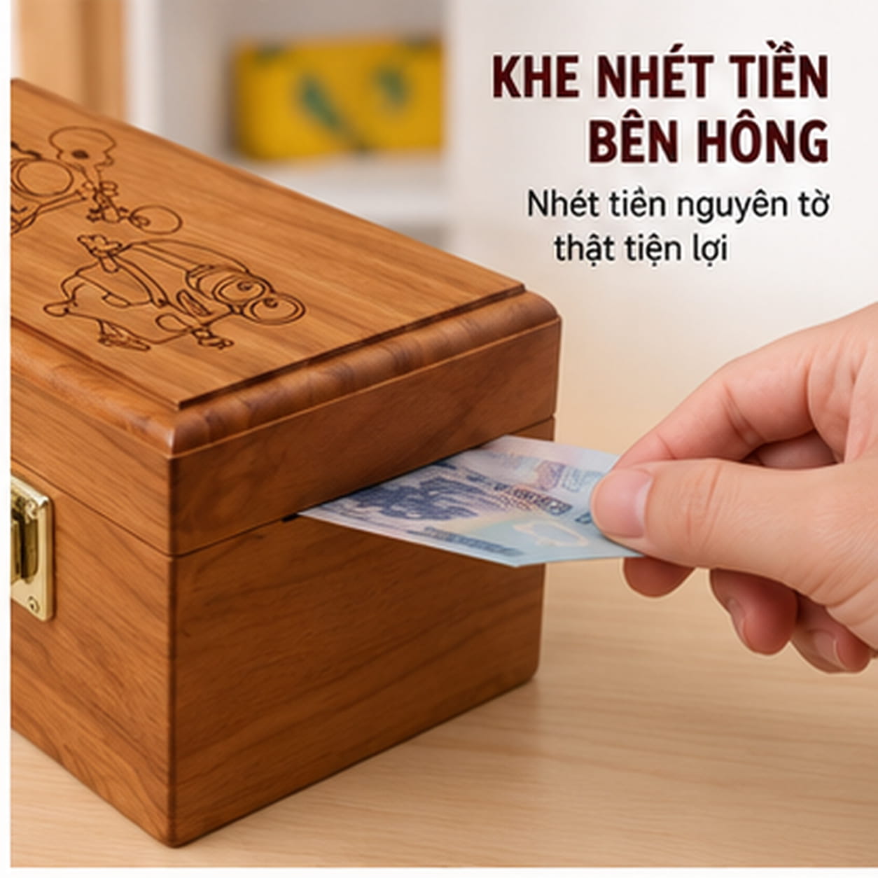 Hộp Tiết Kiệm Cho Bé Mẫu Minions – Gỗ Hương, Khóa Số