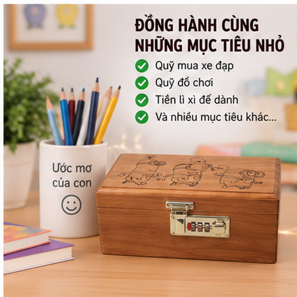 Hộp Tiết Kiệm Cho Bé Mẫu Minions – Gỗ Hương, Khóa Số