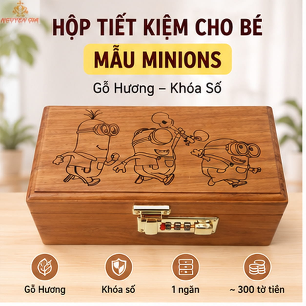 Hộp Tiết Kiệm Cho Bé Mẫu Minions – Gỗ Hương, Khóa Số