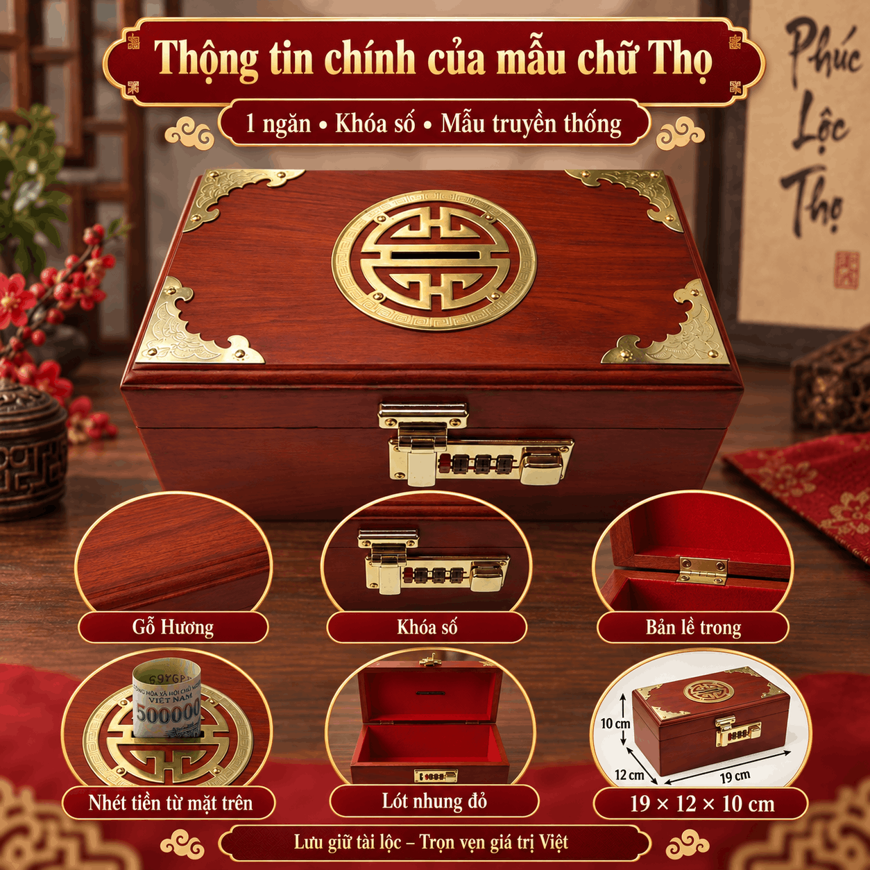 Hộp Đựng Tiền Chữ Thọ Khóa Số Gỗ Hương – Mẫu Truyền Thống