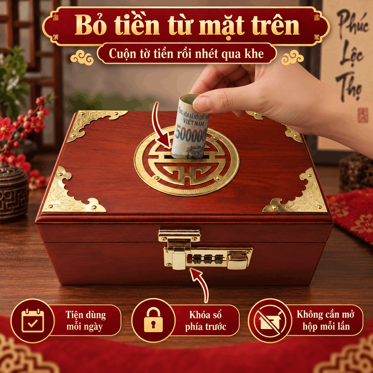 Hộp Đựng Tiền Chữ Thọ Khóa Số Gỗ Hương – Mẫu Truyền Thống